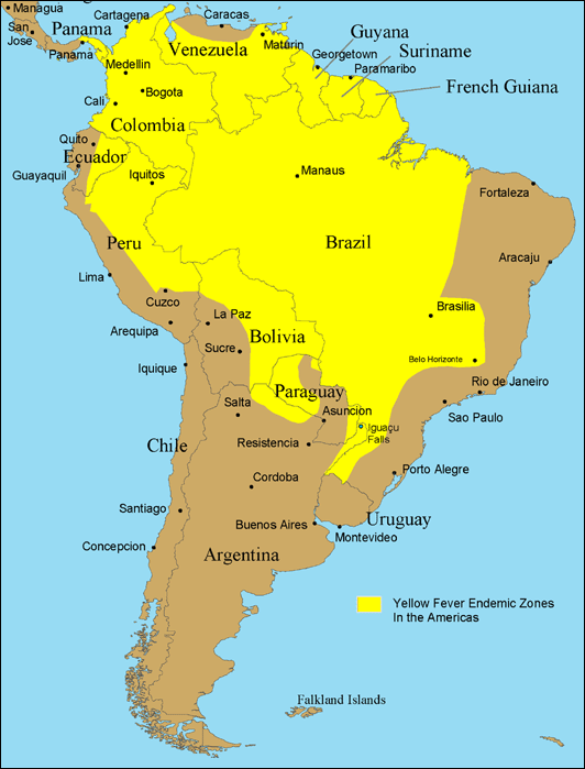 Map 4-13. Yellow fever-endemic zones in the Americas, 2005