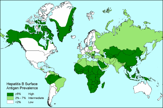 Map 4-5. Geographic distribution of Hepatitis B prevalence, 2005