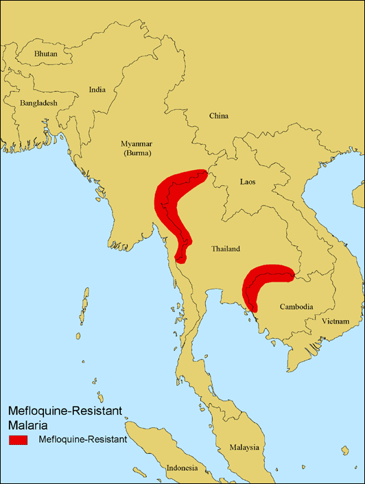 Map 4-8. Geographic distribution of mefloquine-resistant malaria